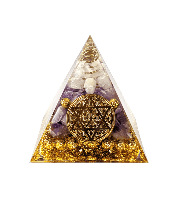 Orgonite Pyramide Cristal de Roche & Amethyste Fleur de Vie Pentacle chez Arabesk