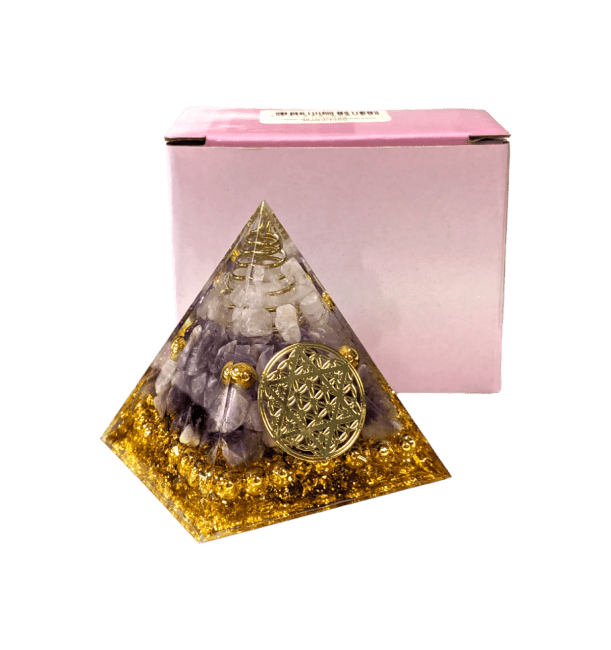 Orgonite Pyramide Cristal de Roche & Amethyste Fleur de Vie Pentacle chez Arabesk|cz
