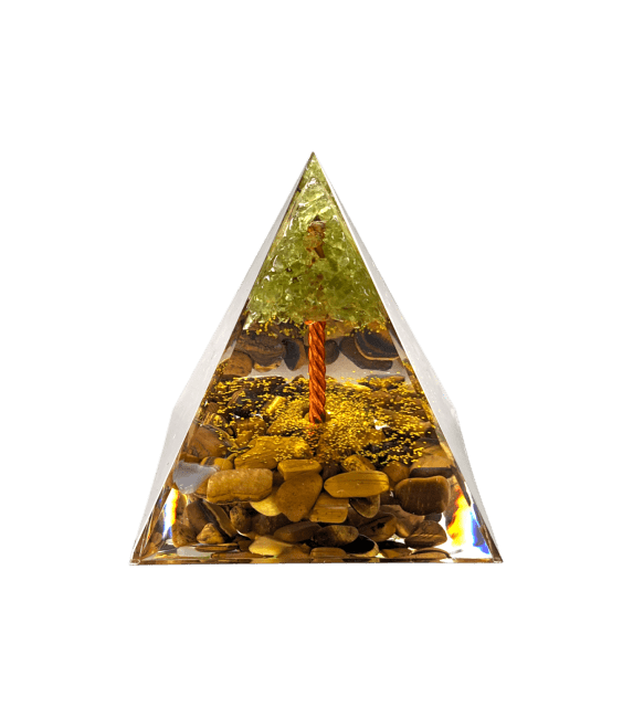 Orgonite Pyramide Oeil de Tigre & Péridot Arbre de Vie chez Arabesk