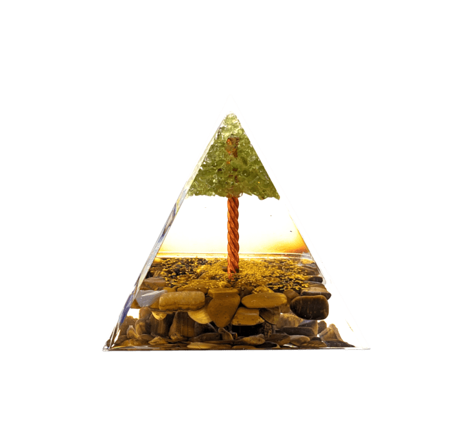 Orgonite Pyramide Oeil de Tigre & Péridot Arbre de Vie chez Arabesk|cz