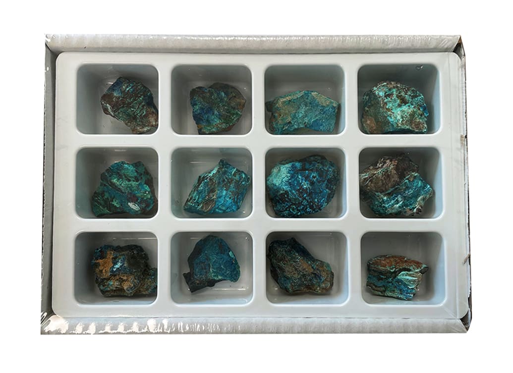 Présentoir 12 pièces Chrysocolle-Malachite brute chez Arabesk