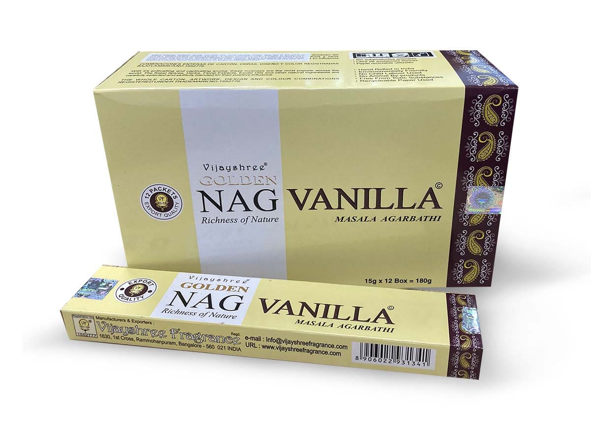Encens Vijayshree Golden Nag Vanille 15g chez Arabesk