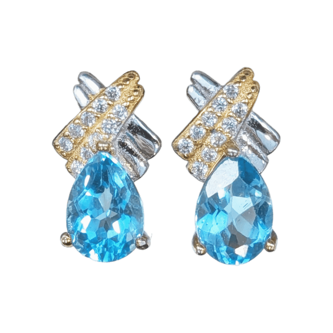 Boucles d'Oreilles Ovales Argent 925 Topaze Bleue et Strass Facettée AA 5x7mm chez Arabesk|cz