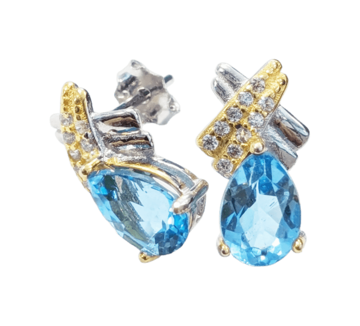 Boucles d'Oreilles Ovales Argent 925 Topaze Bleue et Strass Facettée AA 5x7mm chez Arabesk