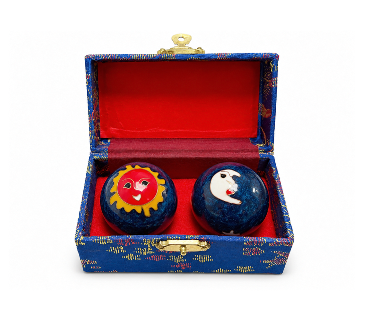 Boules de Massage Chinoises Soleil et Lune Bleues 4,2 cm chez Arabesk