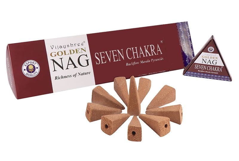 Cônes d’encens backflow Vijayshree Golden Nag Sept Chakras 12 pcs chez Arabesk