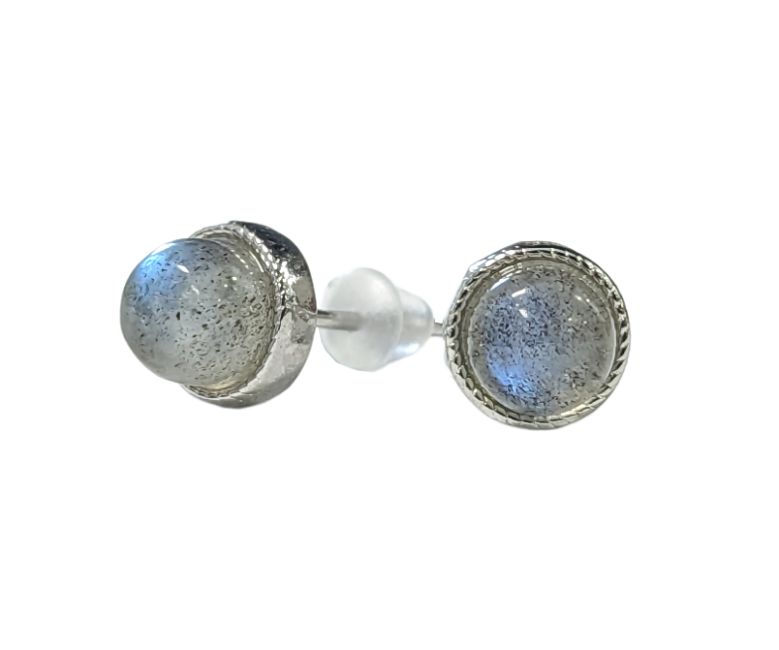 Boucles d'Oreilles Ronde en Cuivre Blanc Labradorite AA stud chez Arabesk|cz
