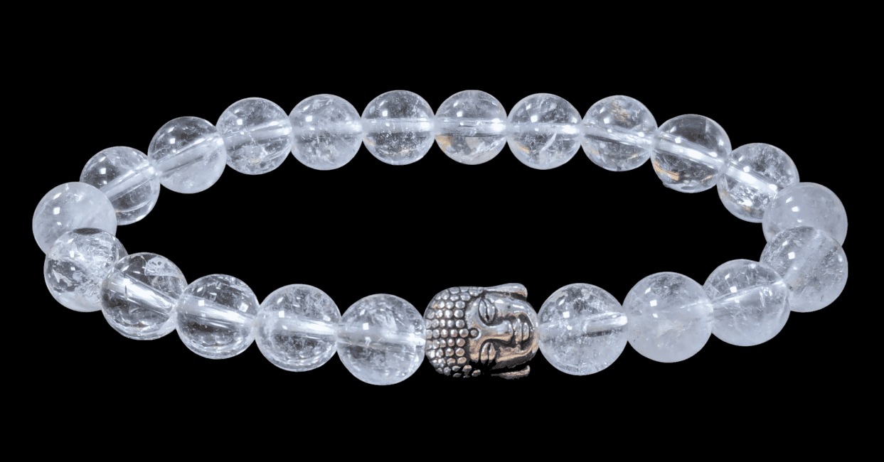 Bracelet Cristal de roche & Bouddha perles 8mm chez Arabesk