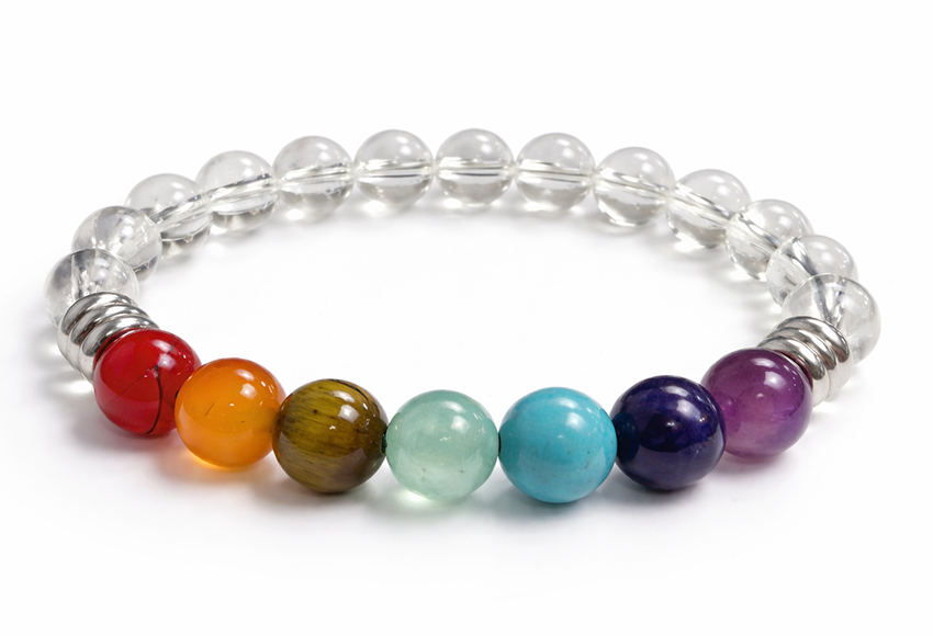 Bracelet Cristal de roche 7 chakras A perles 8mm chez Arabesk
