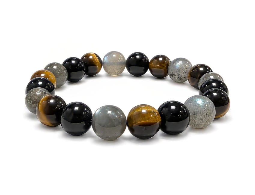 Náramek Labradorit Tygří oko Černý obsidián s korálky 10 mm chez Arabesk