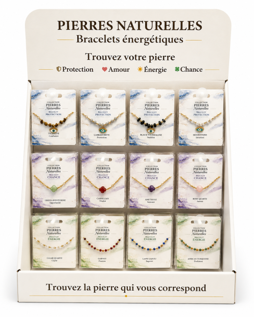 Présentoir Bracelets en Pierres Naturelles et Acier Inoxydable Doré – 48 Bracelets chez Arabesk