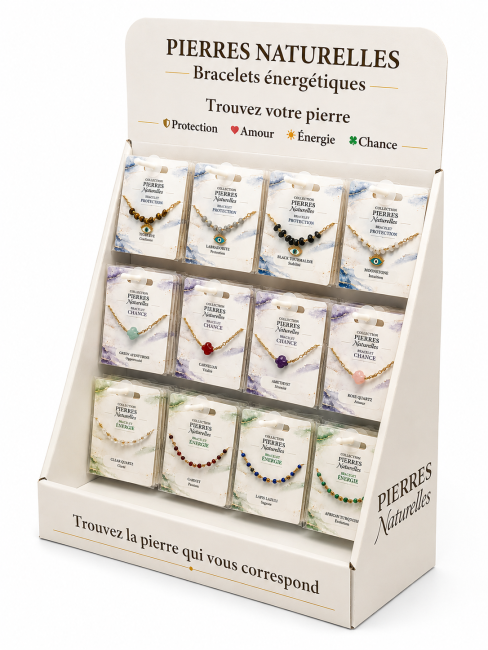 Présentoir Bracelets en Pierres Naturelles et Acier Inoxydable Doré – 48 Bracelets chez Arabesk|cz
