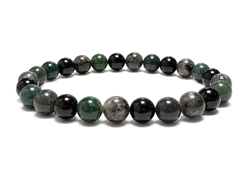 Bracelet Larvikite, Agate Mousse & Onyx Noir A perles 8mm chez Arabesk