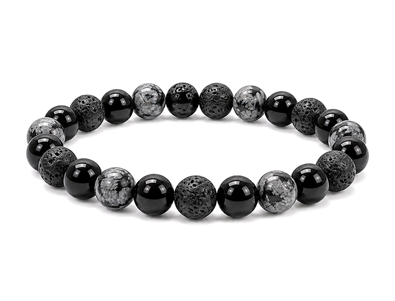 Bracelet Obsidienne Flocon de Neige, Pierre de Lave & Onyx Noir A perles 8mm chez Arabesk