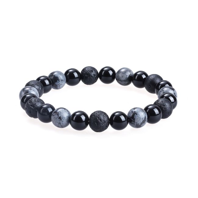 Bracelet Obsidienne Flocon de Neige, Pierre de Lave & Onyx Noir A perles 8mm chez Arabesk|cz