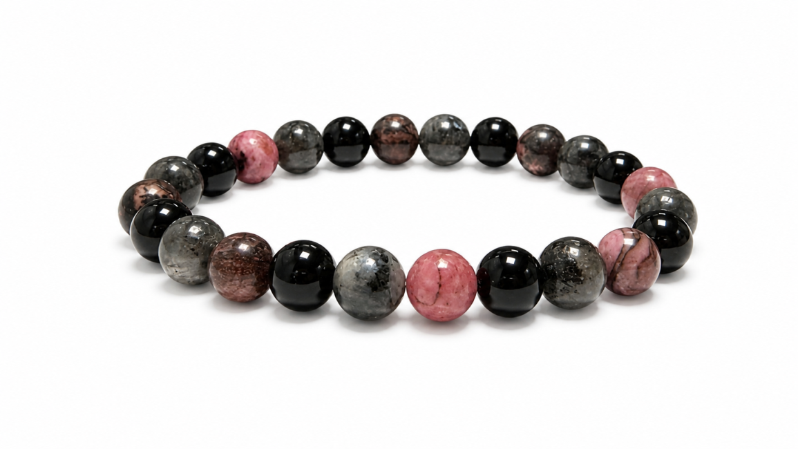Bracelet Rhodonite, Larvikite & Onyx Noir A perles 8mm chez Arabesk
