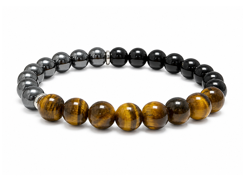 Bracelet Œil de Tigre, Hématite & Onyx Noir A perles 8mm chez Arabesk