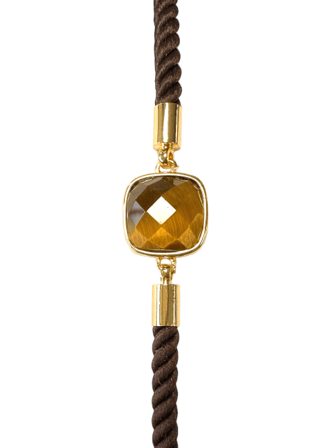 Bracelet Corde Laiton Oeil de Tigre Carré Facetté 11mm chez Arabesk