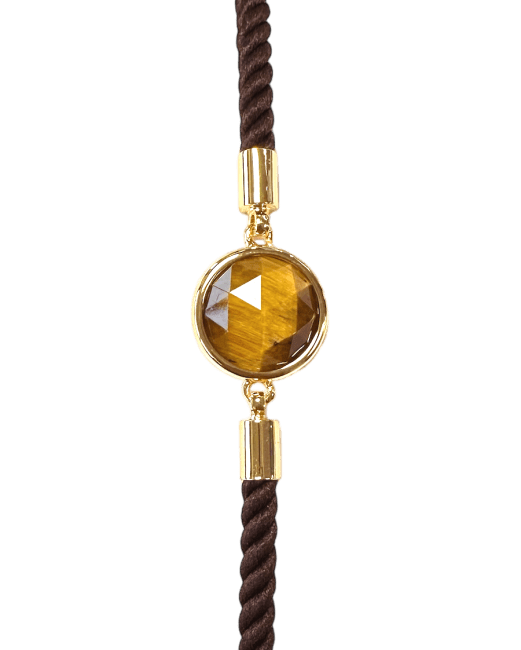 Bracelet Corde Laiton Oeil de Tigre Rond Facetté 12mm chez Arabesk