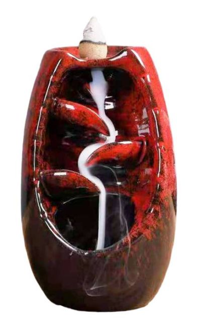 Porte Encens Backflow Céramique Rouge Cascade de Feuilles 13cm chez Arabesk