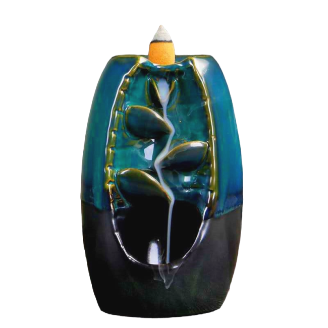 Porte Encens Backflow Céramique  Marron et Bleu Cascade de Feuilles 13cm chez Arabesk