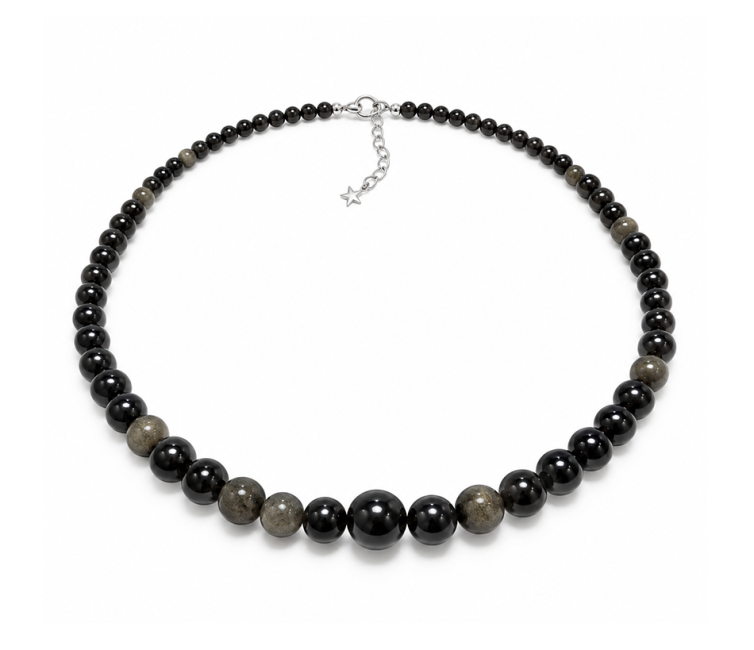Collier Chute Obsidienne Noire Dorée A Perles 4-12 mm 50 cm chez Arabesk