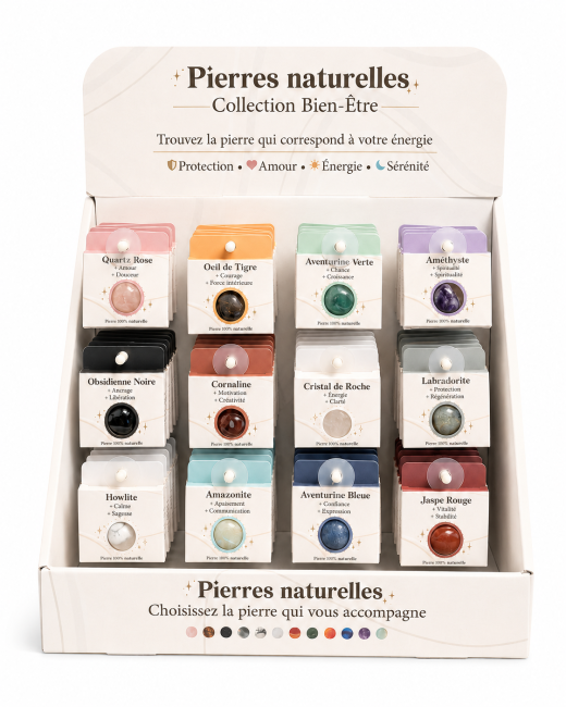 Présentoir de Pierres Roulées Naturelles – 72 Pierres chez Arabesk