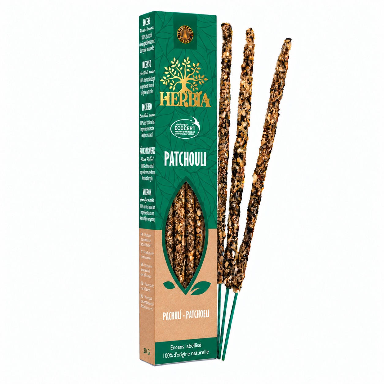 Vonné tyčinky Smudge Ecocert Herbia Pačuli 20g chez Arabesk