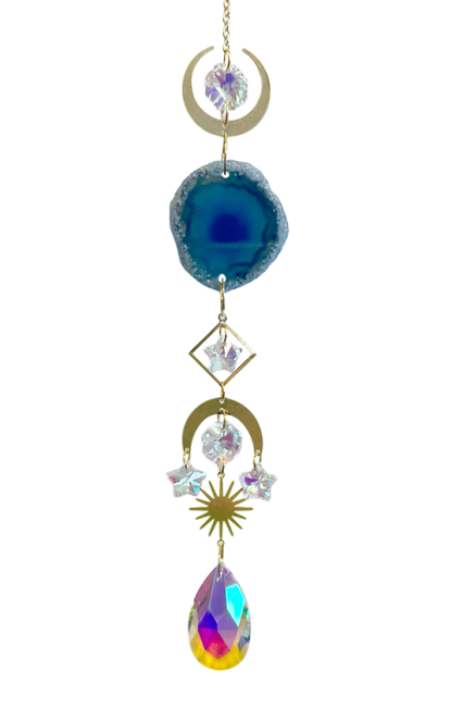 Mobile Attrape Soleil Agate Bleue Soleil-Lune Cristal 41cm chez Arabesk