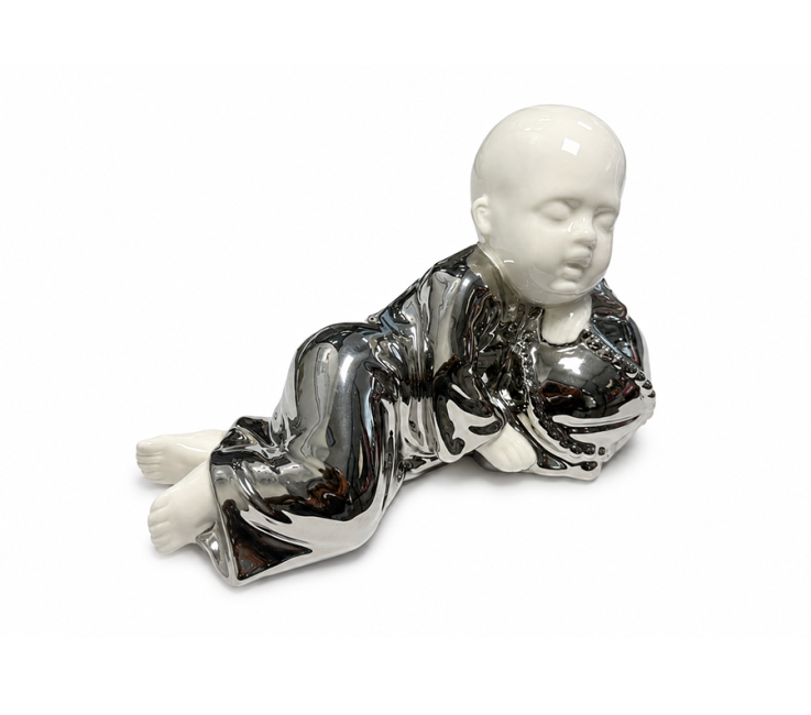 Statuette Moine Bouddhiste Couché en Céramique Blanc et Argenté 18cm chez Arabesk|cz