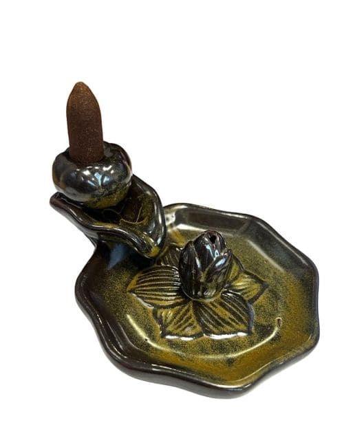 Porte Encens Backflow Céramique Marron  Fleurs de Lotus 13cm chez Arabesk|cz