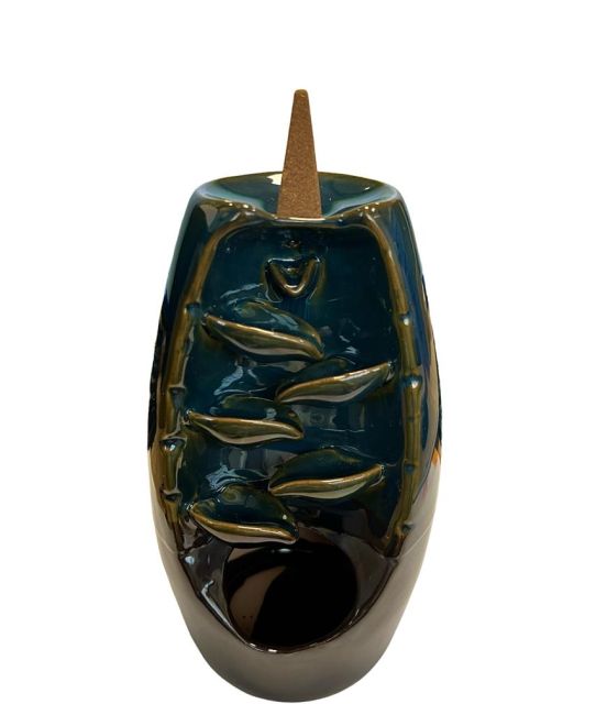 Porte Encens Backflow Céramique Bleu-Marron Cascade de Feuilles 20cm chez Arabesk|cz