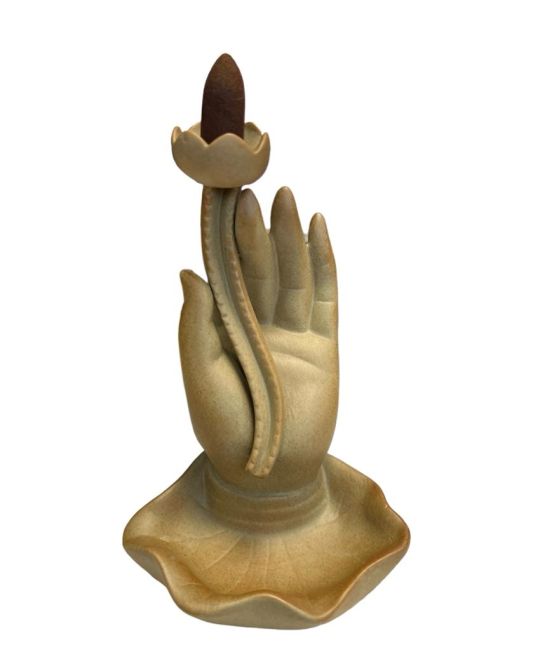 Porte Encens Backflow Céramique Beige Main de Bouddha -Lotus 16cm chez Arabesk|cz