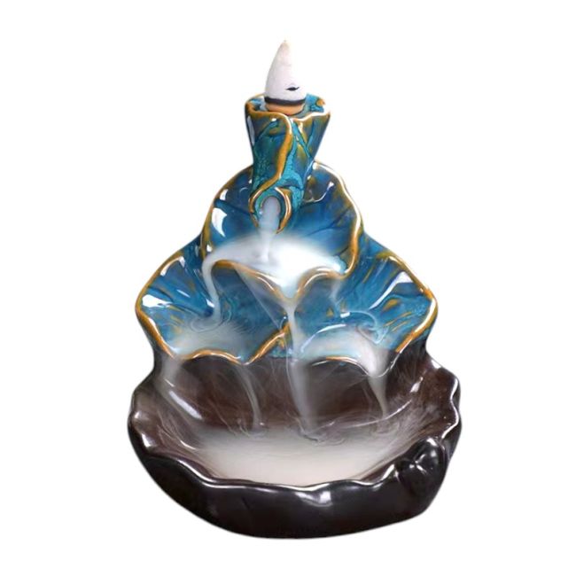 Porte Encens Backflow Céramique Cascade Feuilles de Lotus Bleu 10cm chez Arabesk