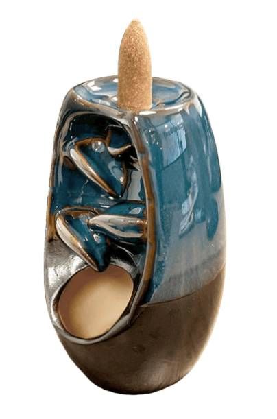 Porte Encens Backflow Céramique  Marron et Bleu Cascade de Feuilles 13cm chez Arabesk|cz