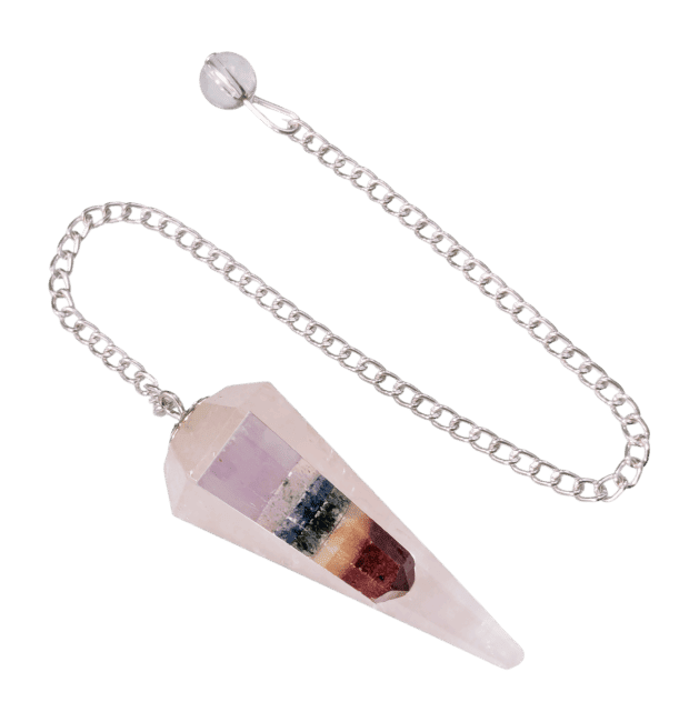 Pendule quartz rose & Sept Chakras conique 6 faces chez Arabesk