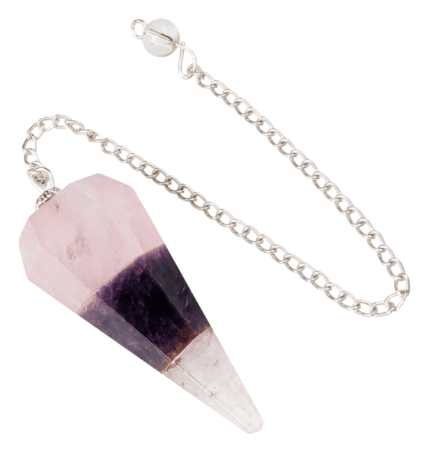 Pendule Quartz Rose Améthyste et Cristal de Roche conique 6 faces chez Arabesk