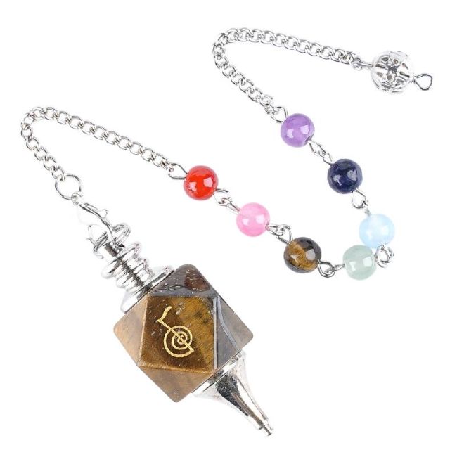 Pendule Hexagolal Œil de Tigre Reiki ChoKu Rei 7 Chakras chez Arabesk