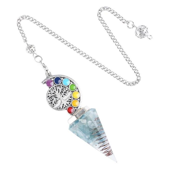 Pendule Orgonite Aigue Marine Arbre de Vie 7 Chakras 6 faces chez Arabesk
