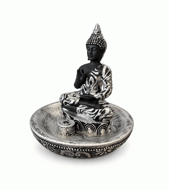 Porte-Encens Bouddha Abhaya Argenté en Résine 10 cm chez Arabesk