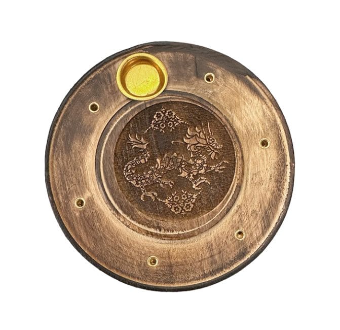 Porte Encens en Bois Rond Ciselé Dragon 10cm x10 chez Arabesk|cz