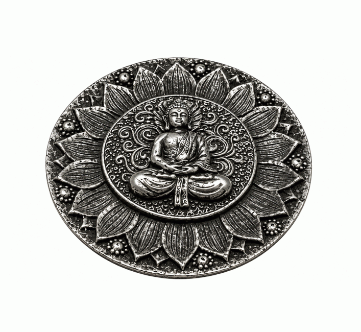 Kulatý stojánek na vonné tyčinky Buddha Lotus, stříbrný, pryskyřice, 10 cm chez Arabesk