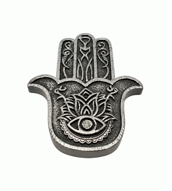 Stříbrný stojánek na vonné tyčinky ve tvaru ruky Fatimy (Hamsa) z pryskyřice, 11 cm chez Arabesk