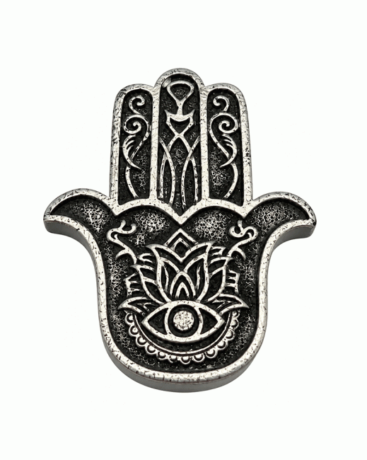 Stříbrný stojánek na vonné tyčinky ve tvaru ruky Fatimy (Hamsa) z pryskyřice, 11 cm chez Arabesk|cz