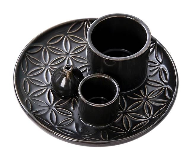Porte Encens Céramique Noir Fleurs de Vie pour Palo Santo et Sauge Blanche  13cm chez Arabesk