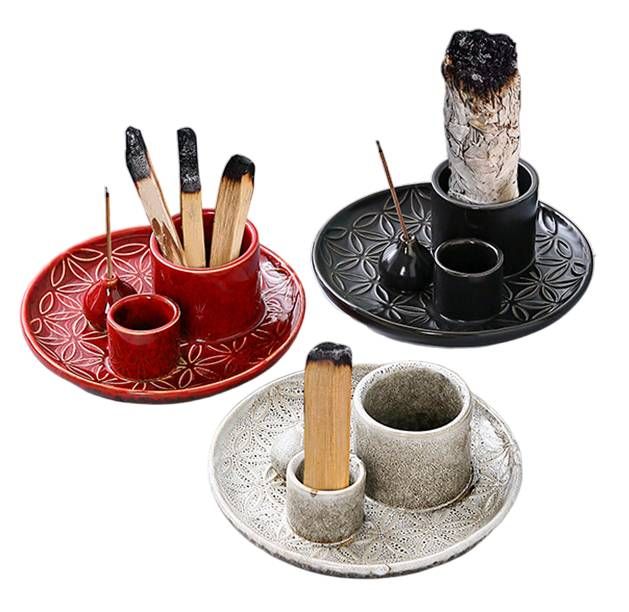 Porte Encens Céramique Beige Fleurs de Vie pour Palo Santo et Sauge Blanche  13cm chez Arabesk|cz