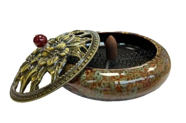 Porte Encens Céramique Marron-Bleu 14cm chez Arabesk|cz