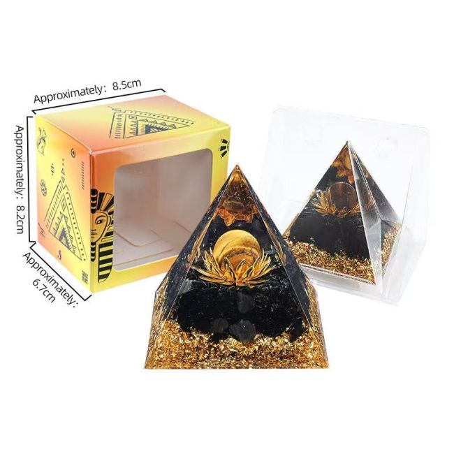 Orgonite Pyramide Oeil de Tigre et Obsidienne Noire Lotus chez Arabesk|cz