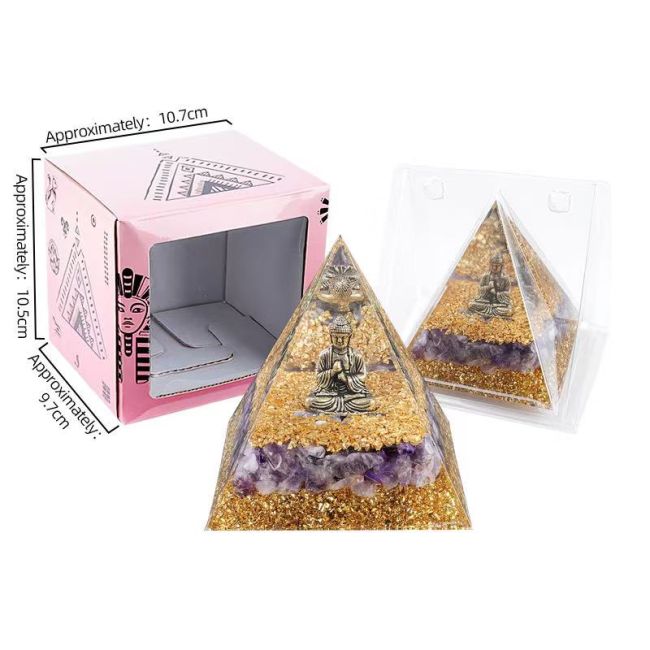 Orgonite Pyramide Buddha + Amethyste 8cm chez Arabesk|cz