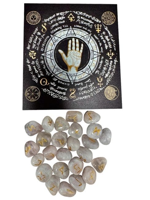 Boite Rune Futhark Quartz Rose avec Sac en Tissu 10x11cm chez Arabesk
